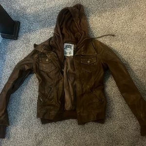 Leather jacket with a hood